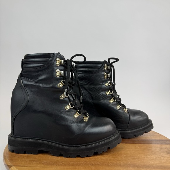 Womens Moncler Black Leather Mid Lace Up Combat Wedge Desert Boots Size EU 38 - Picture 1 of 9